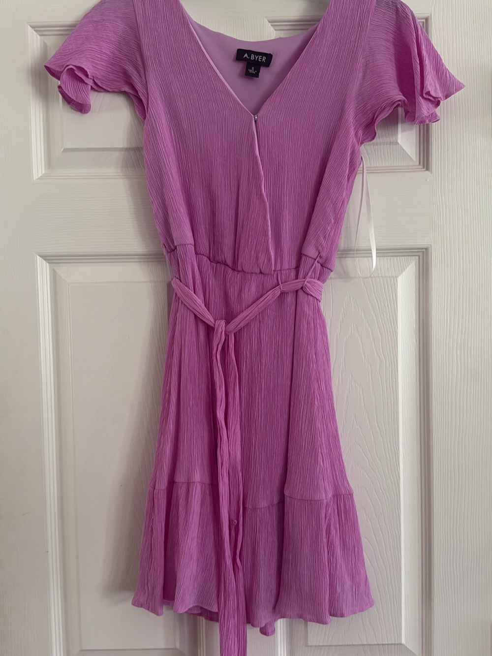 A. Byer Lilac V-Neck Tiered Dress with Waist Tie